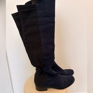 Navy Suede Tall Boots Stretch Back Riding Boots Low Heel